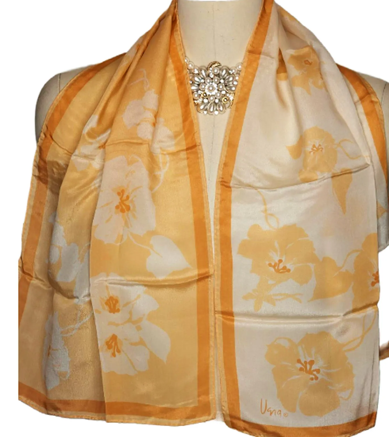 * VINTAGE VERA GOLD AND BURNT ORANGE HAWAIIAN HIBISCUS FLORAL ALL SILK SCARF