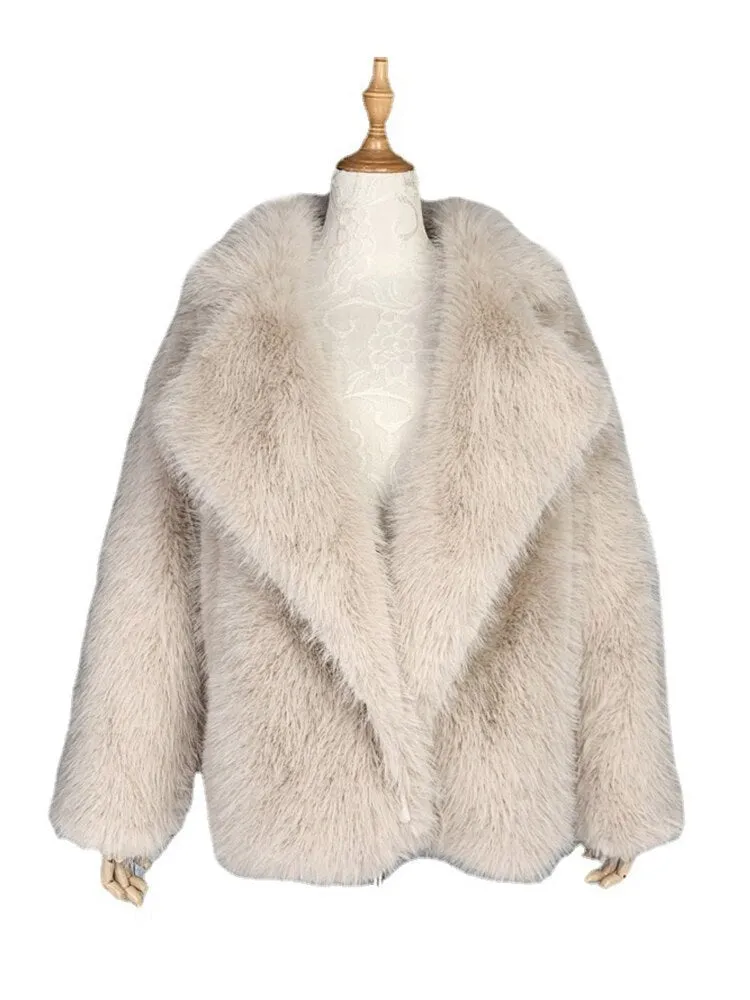 2023 Winter Warm Coat Women Mid Length Lapel Loose Faux Fox Fur Coat