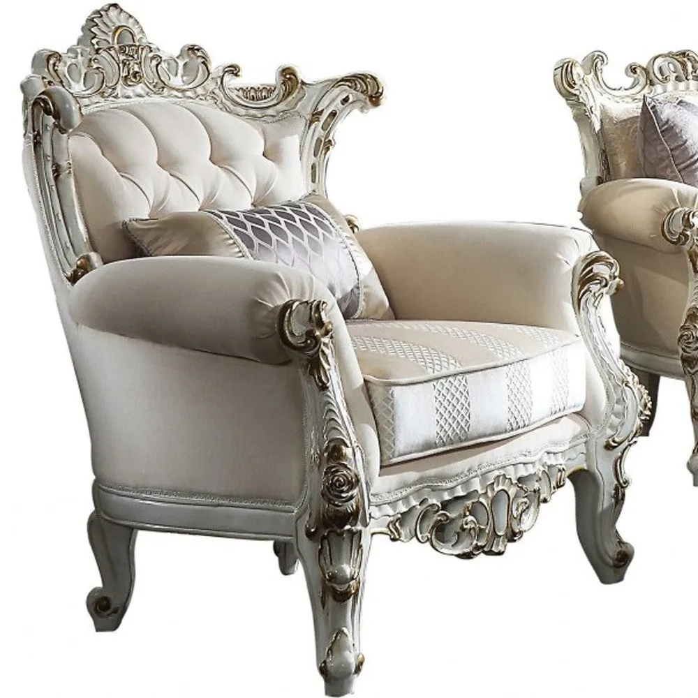 61 Ivory And Silver Polyester Blend Damask Chesterfield Loveseat