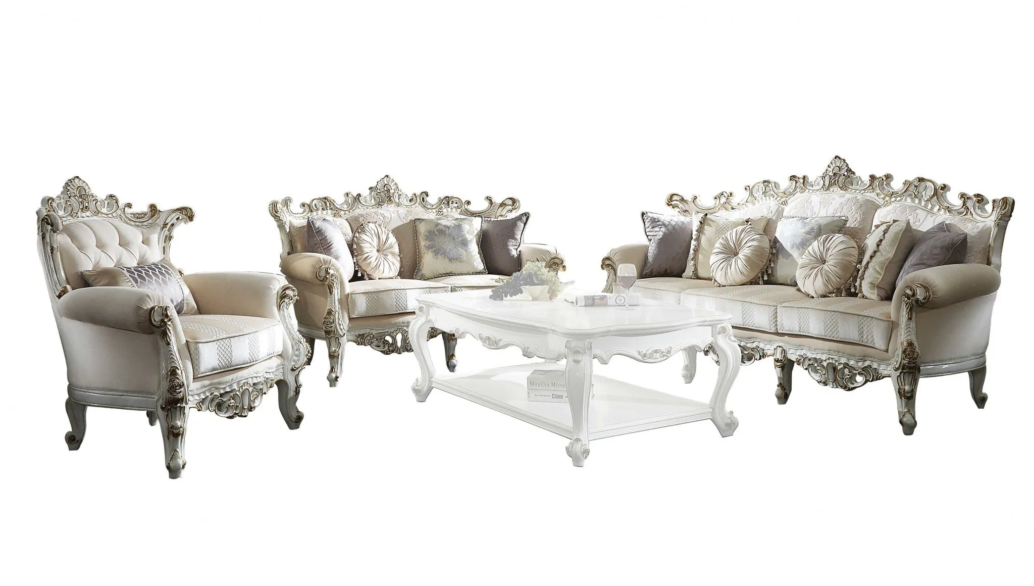 61 Ivory And Silver Polyester Blend Damask Chesterfield Loveseat