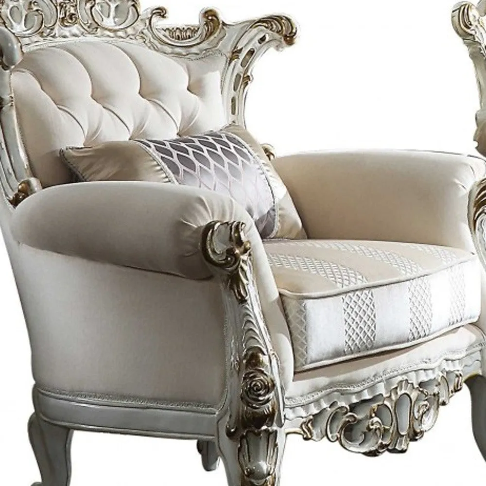 61 Ivory And Silver Polyester Blend Damask Chesterfield Loveseat