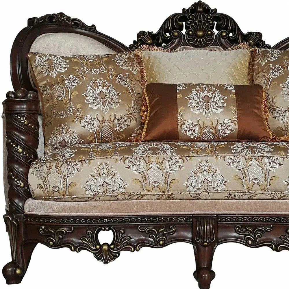 68 Cream And Brown Polyester Blend Damask Chesterfield Loveseat and Toss Pillows