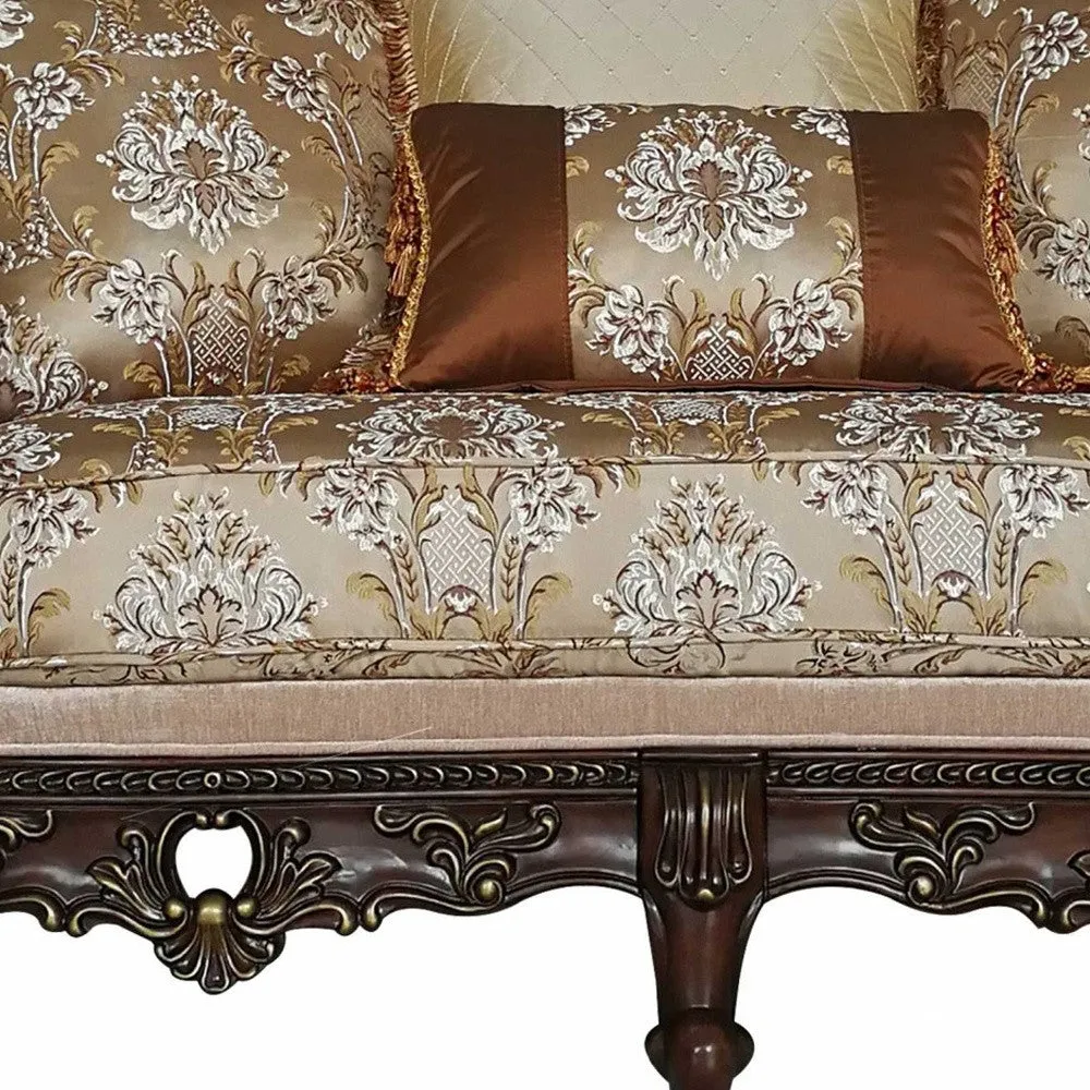 68 Cream And Brown Polyester Blend Damask Chesterfield Loveseat and Toss Pillows