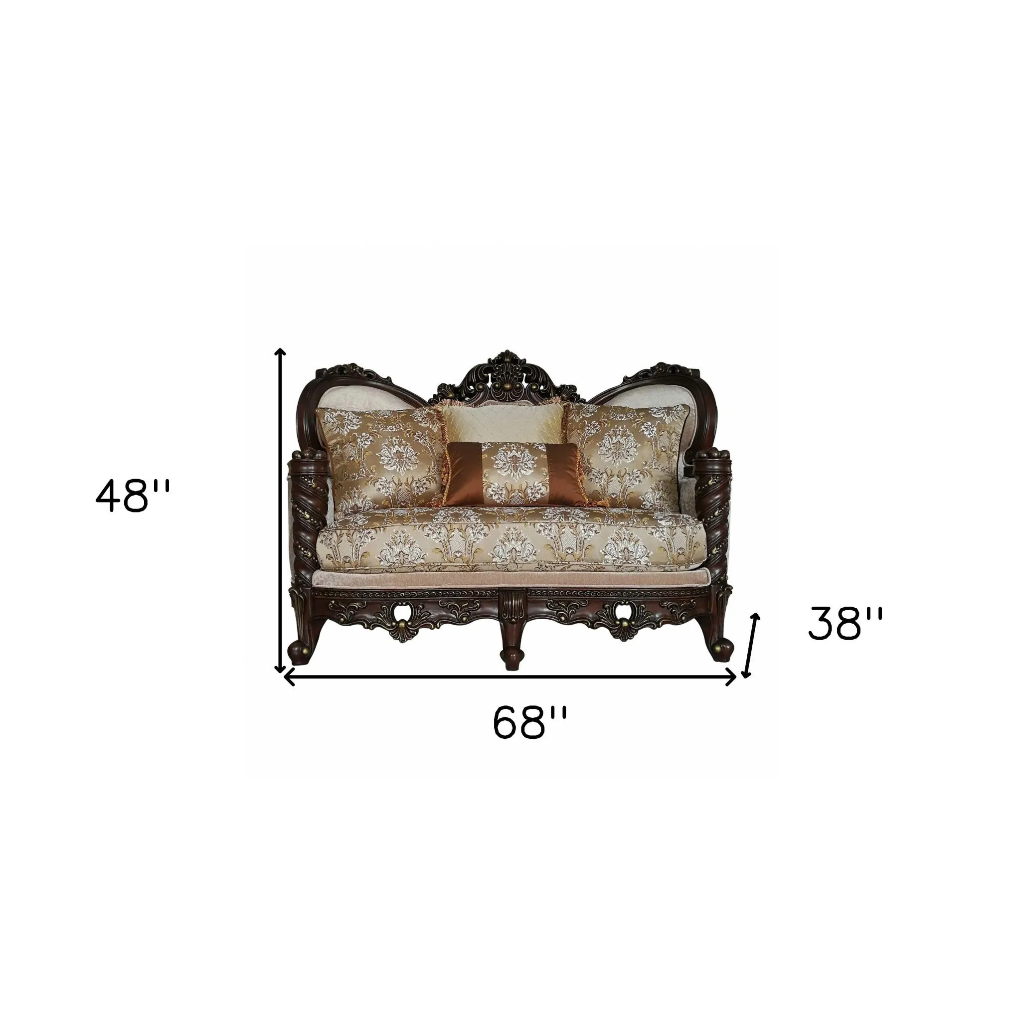 68 Cream And Brown Polyester Blend Damask Chesterfield Loveseat and Toss Pillows