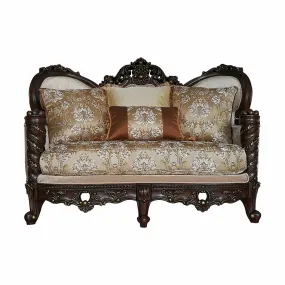 68 Cream And Brown Polyester Blend Damask Chesterfield Loveseat and Toss Pillows