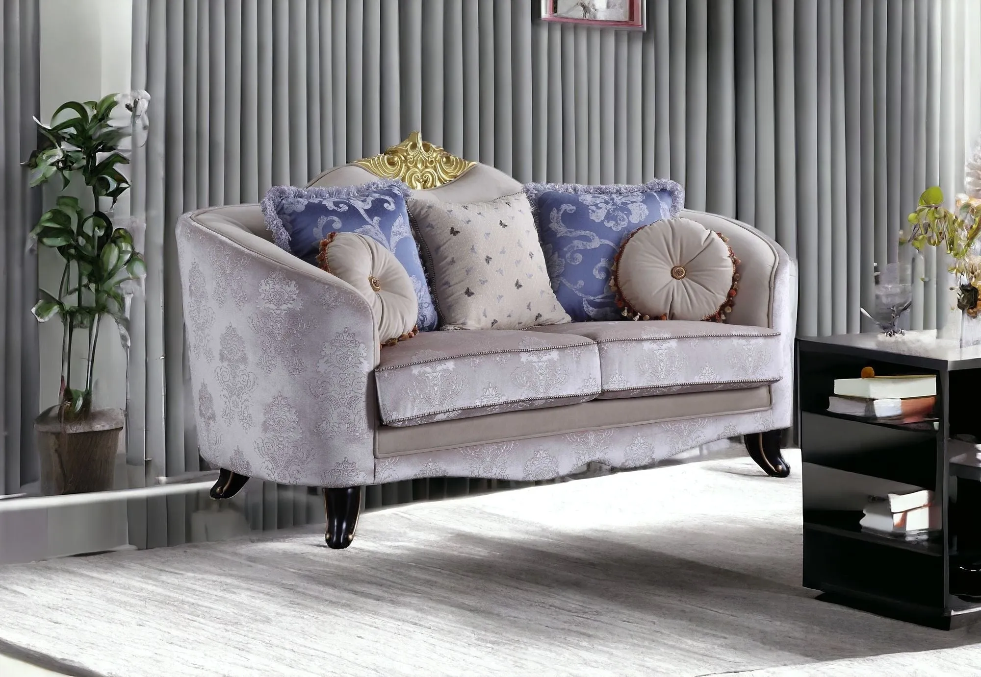 76 Cream And Black Velvet Damask Chesterfield Loveseat