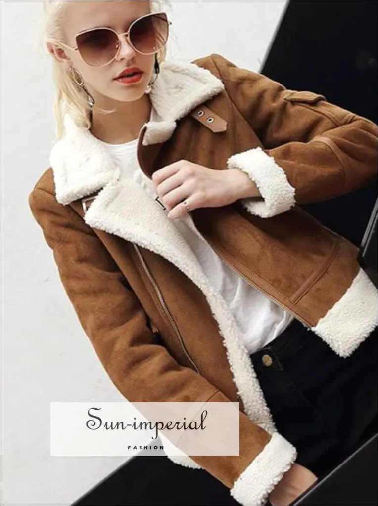 9 Faux Shearling Sheepskin Coat Women Leather thick Suede Jacket Wool Short Motorcycle Coats