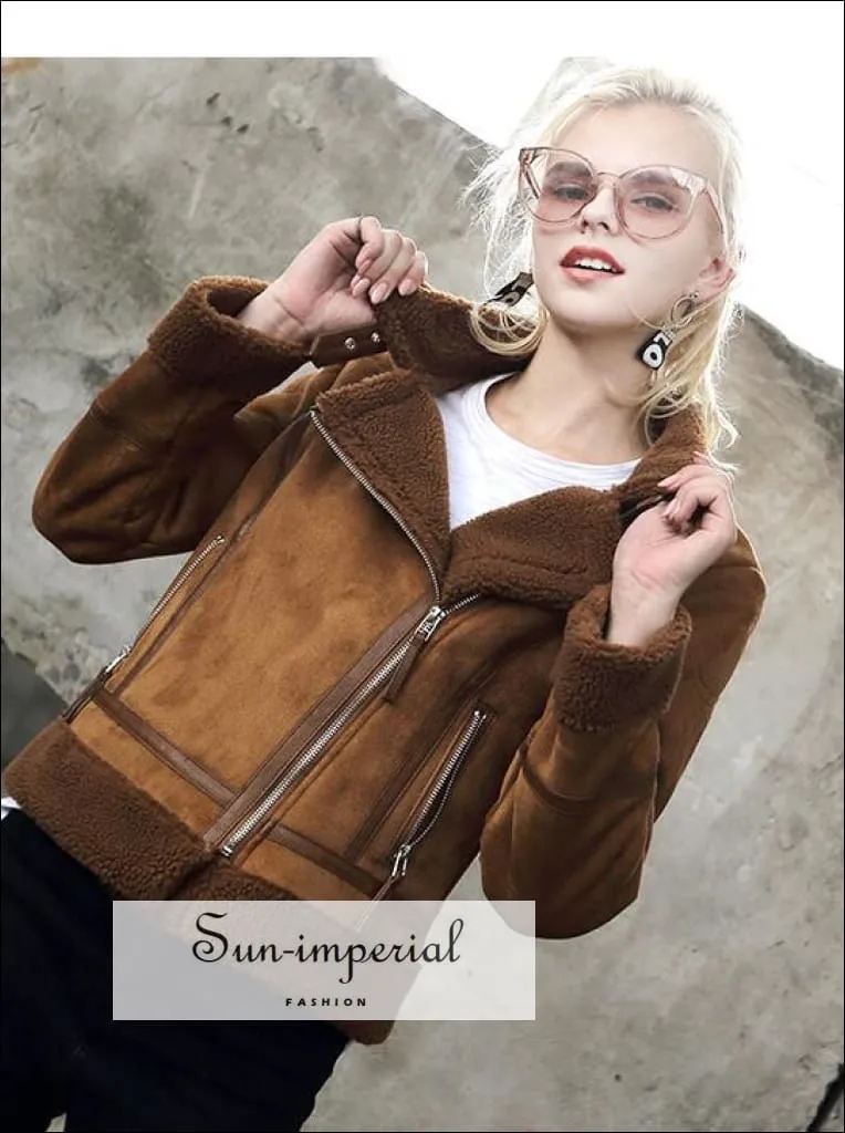 9 Faux Shearling Sheepskin Coat Women Leather thick Suede Jacket Wool Short Motorcycle Coats