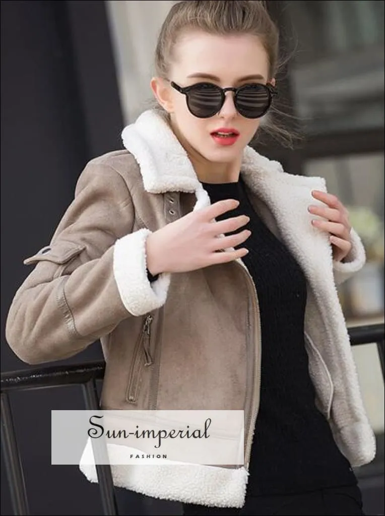 9 Faux Shearling Sheepskin Coat Women Leather thick Suede Jacket Wool Short Motorcycle Coats