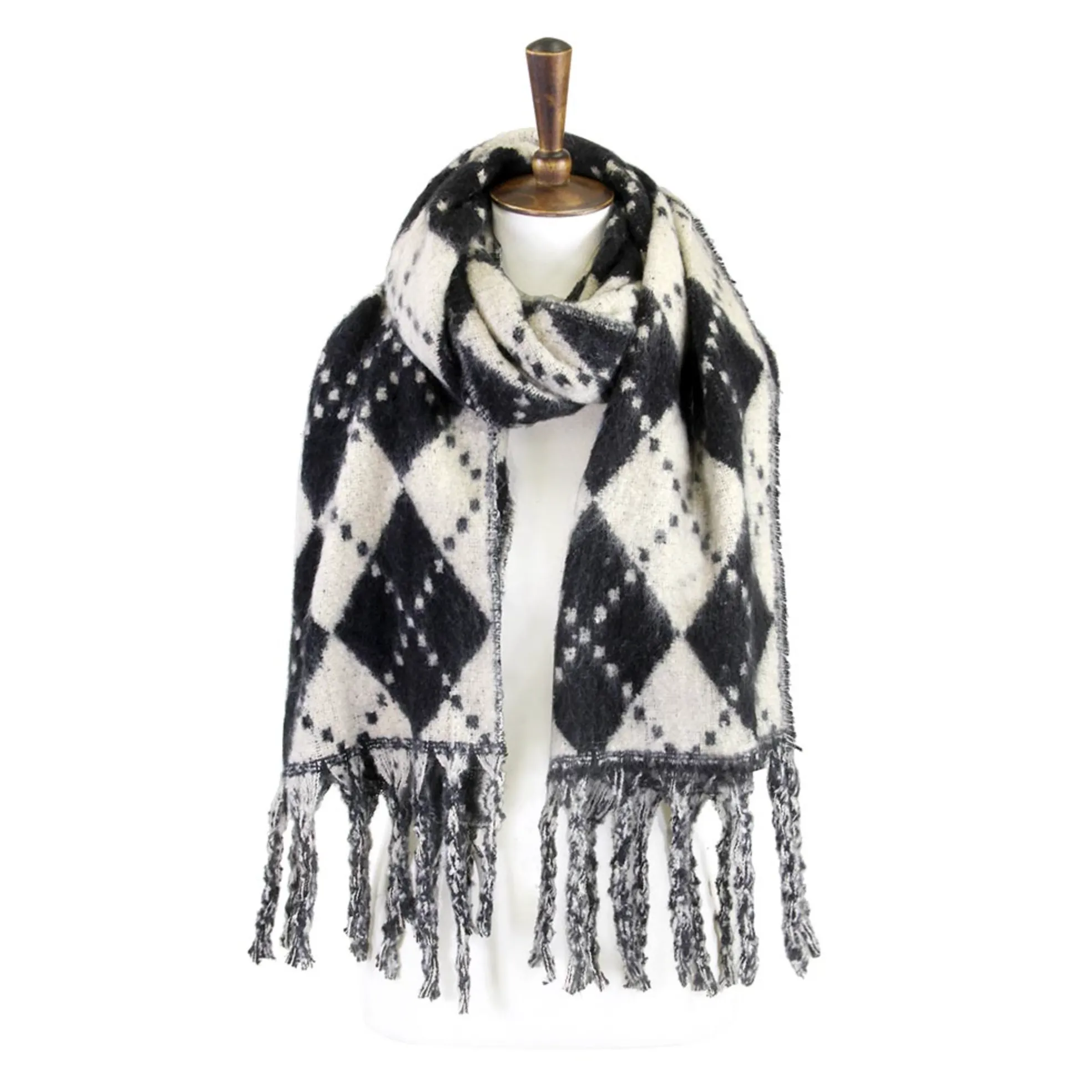 Argyle Print Oblong Scarf With Fringe (2 colors)