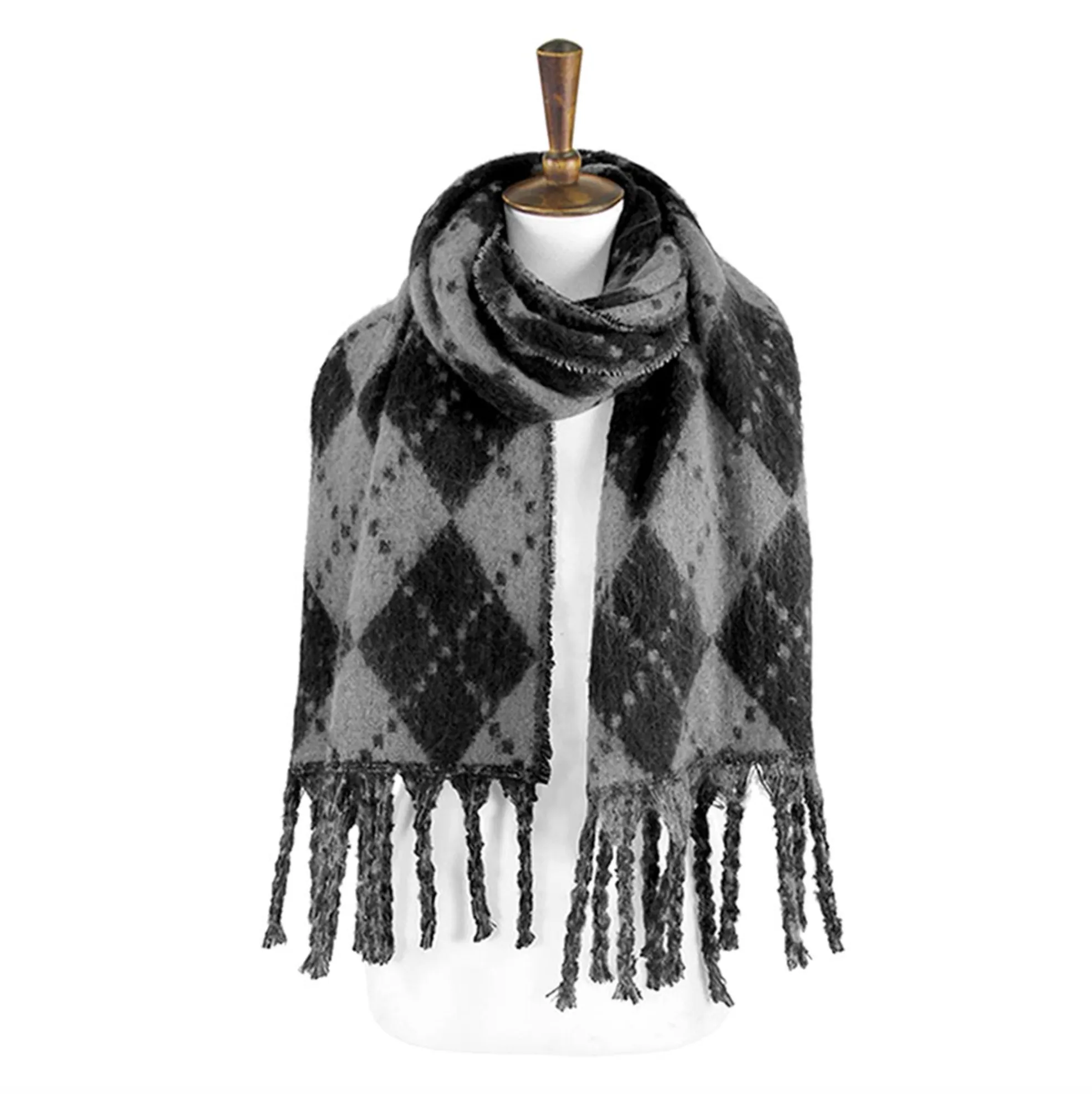 Argyle Print Oblong Scarf With Fringe (2 colors)