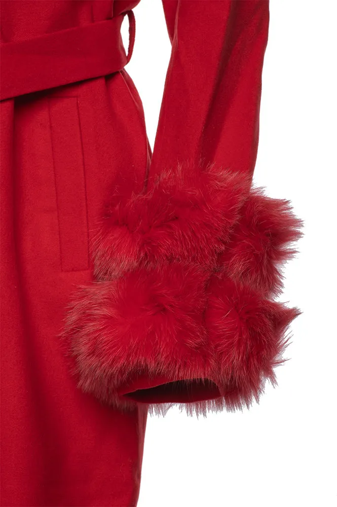 Aria Red chic long cashmere blend coat with fox fur