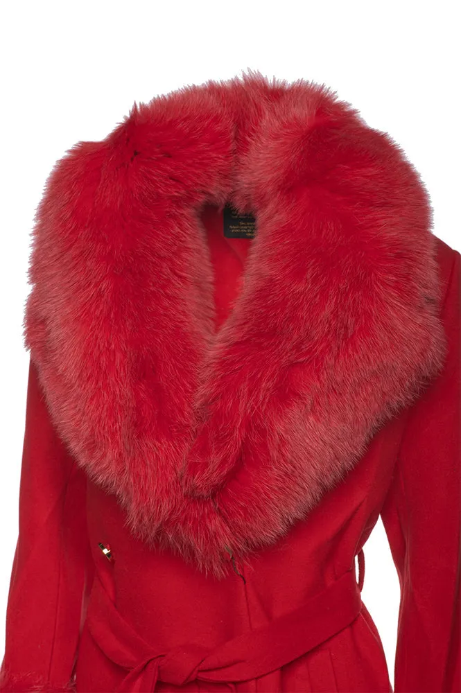 Aria Red chic long cashmere blend coat with fox fur