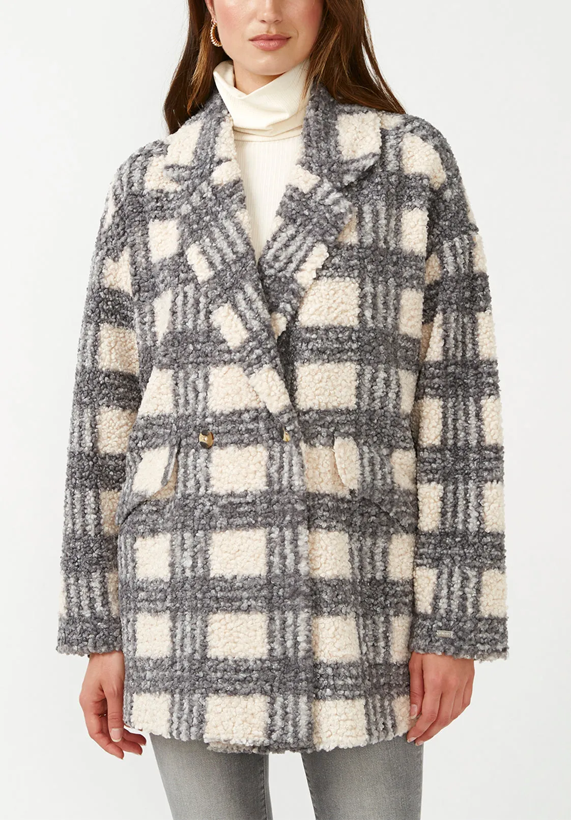 Aurelie Women's Oversized Car Coat in Blue Cream Plaid - JK0009F