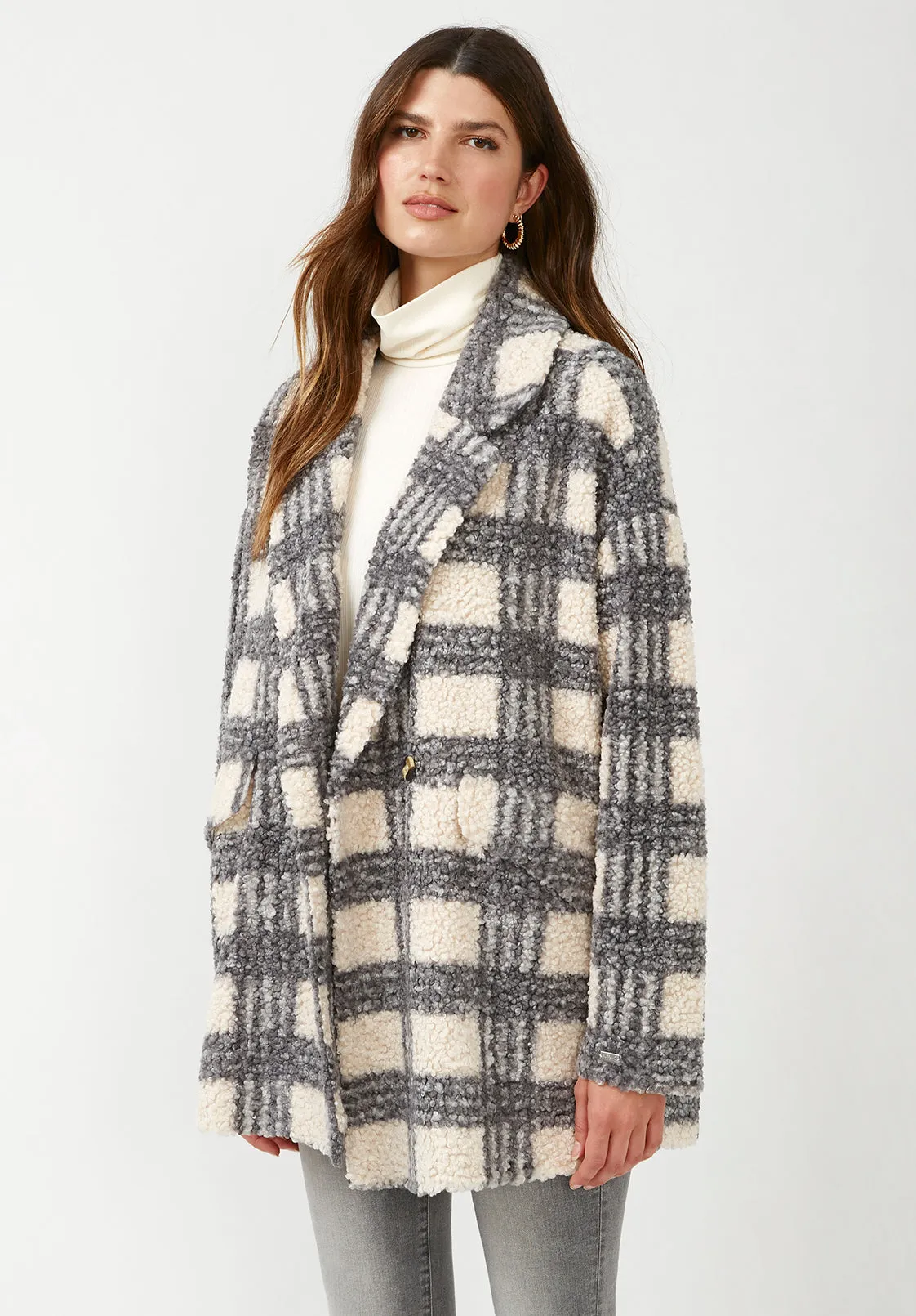 Aurelie Women's Oversized Car Coat in Blue Cream Plaid - JK0009F