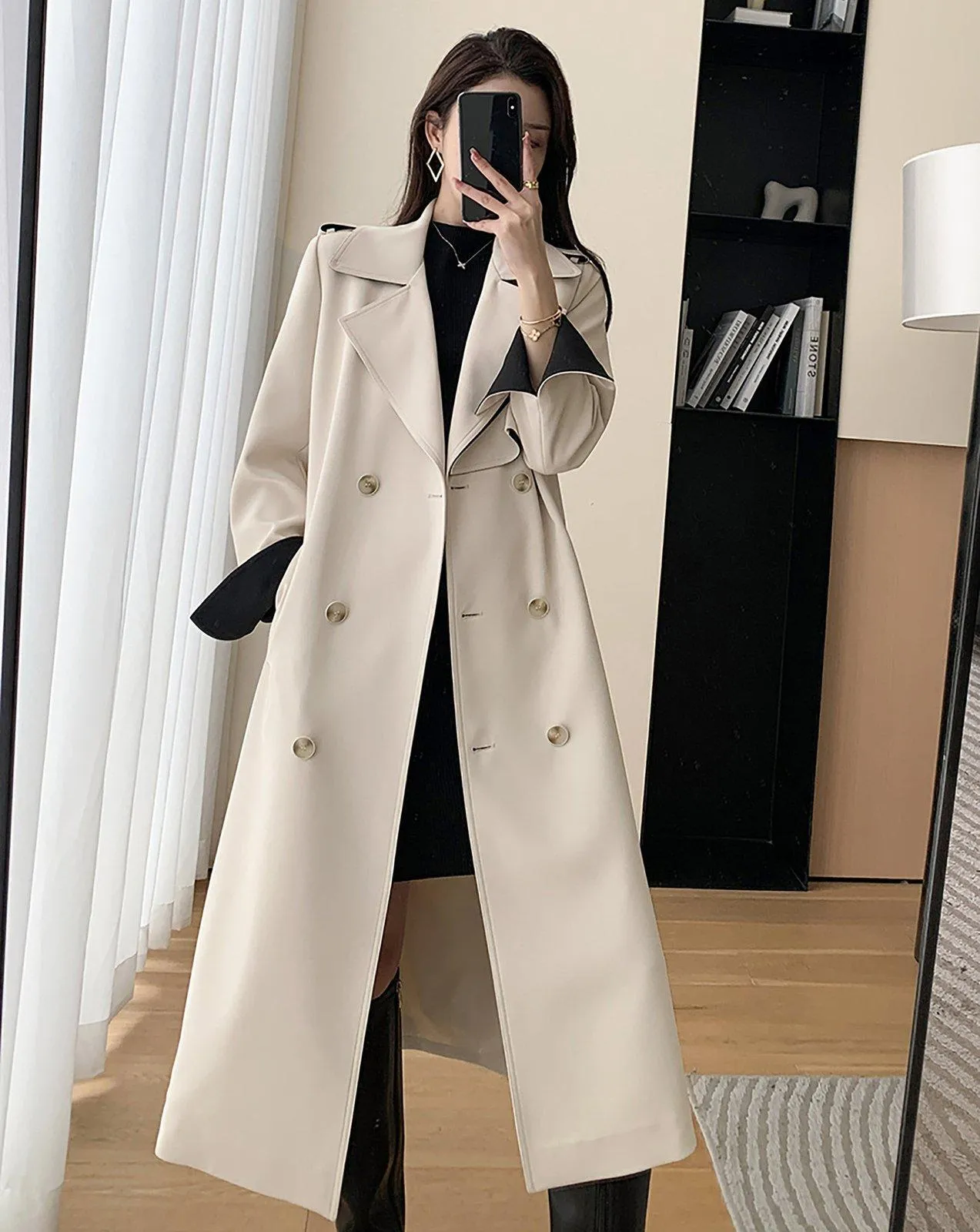 Two-Tone Beige Belted Trench Coat