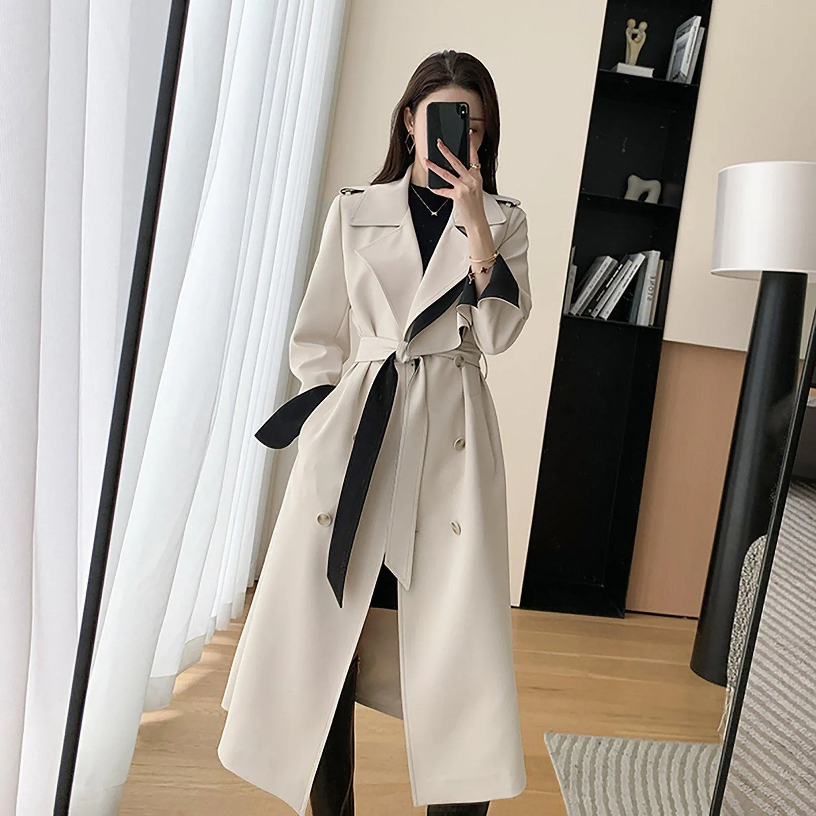 Two-Tone Beige Belted Trench Coat