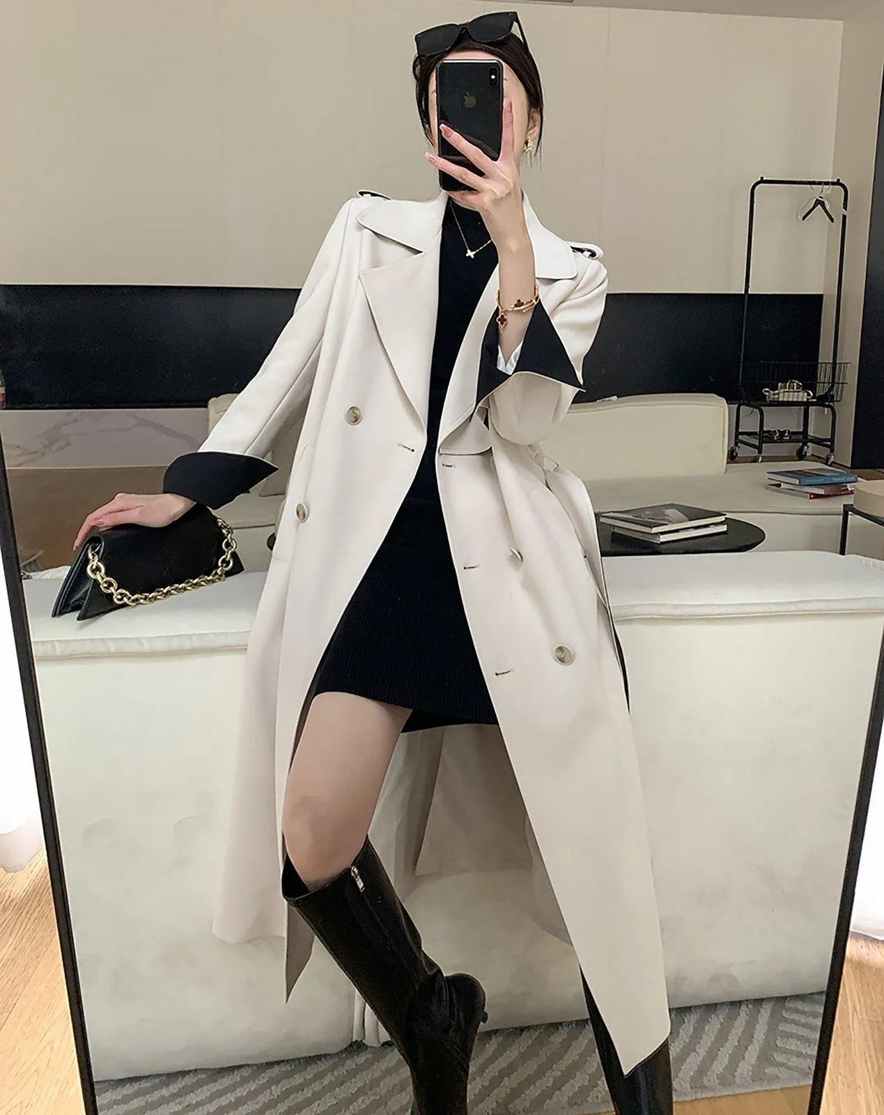 Two-Tone Beige Belted Trench Coat