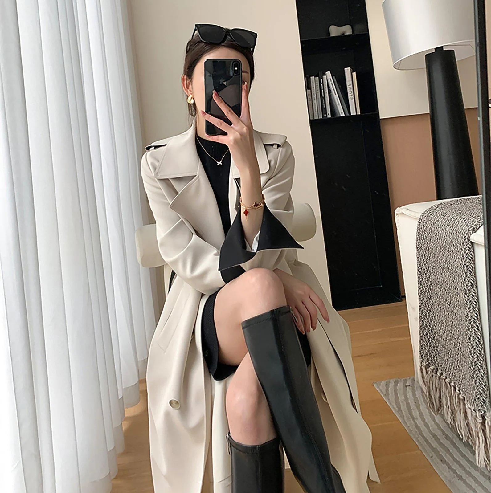 Two-Tone Beige Belted Trench Coat