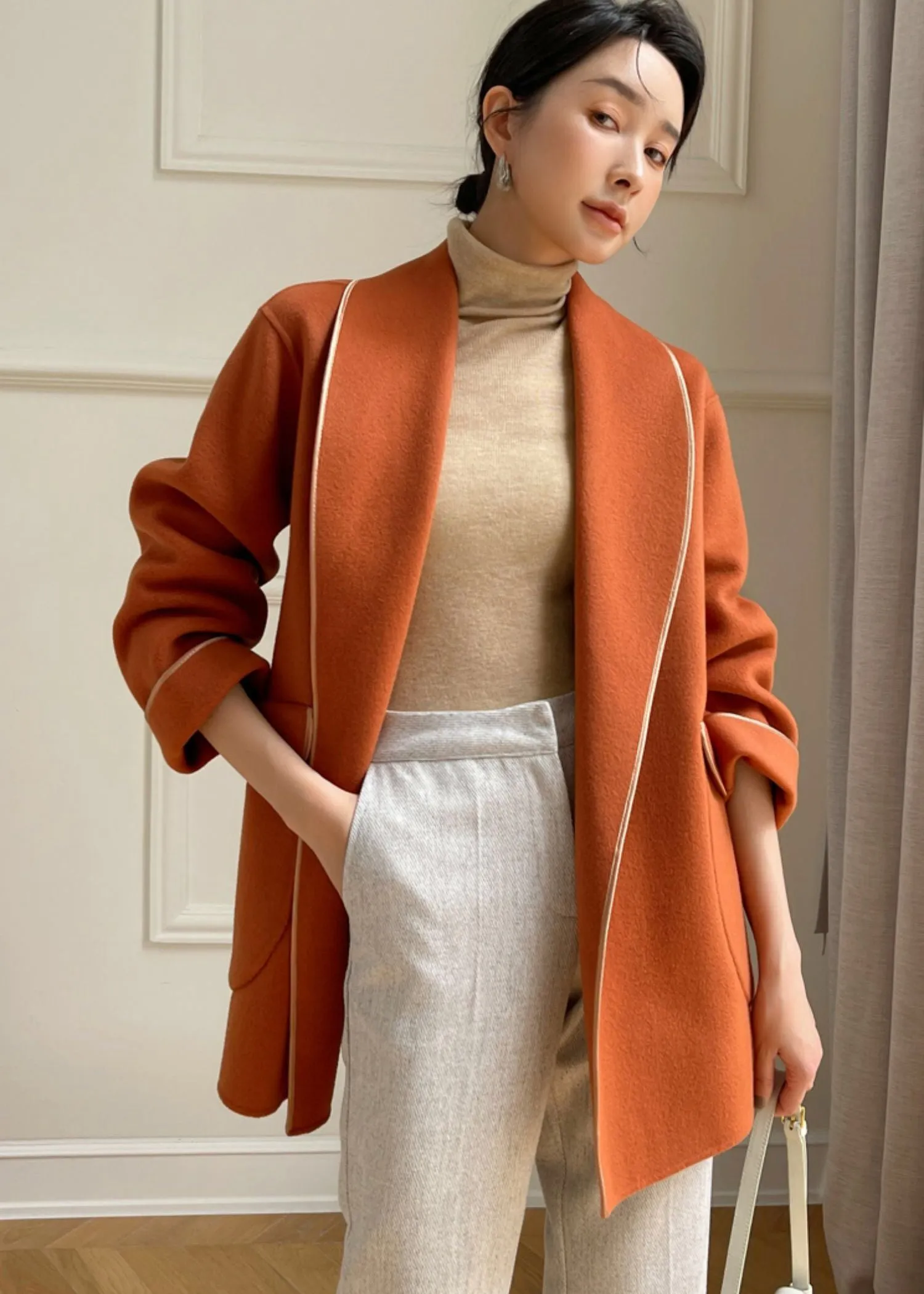 Belted Wool Blend Shawl Collar Coat