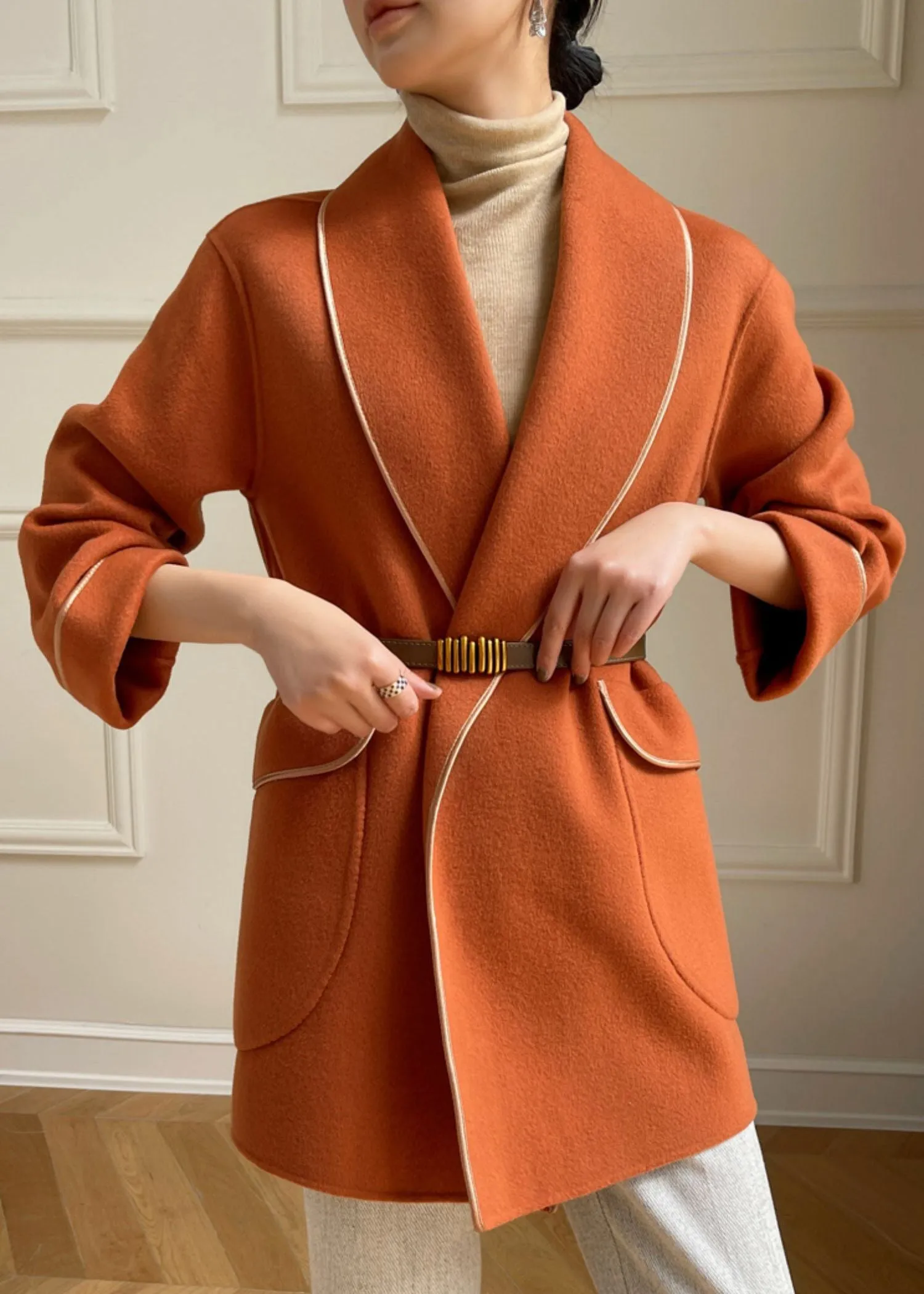 Belted Wool Blend Shawl Collar Coat