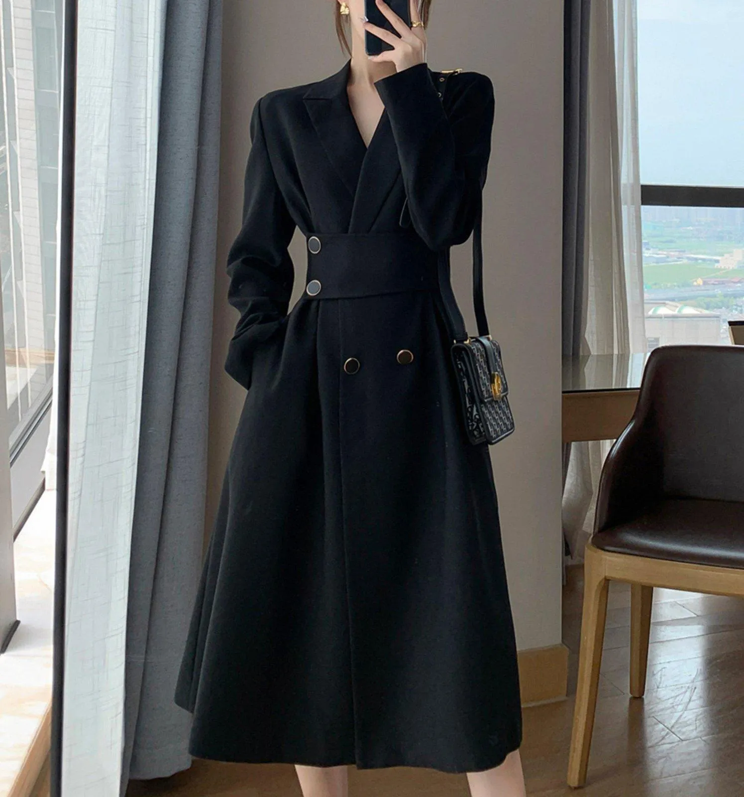 Black Belted Double Breasted Fit & Flare Blazer Coat