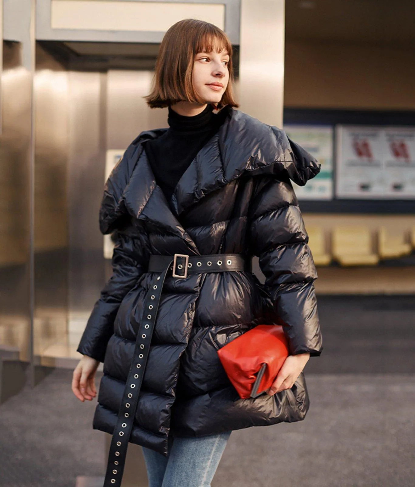 Black Belted Down Puffer Jacket