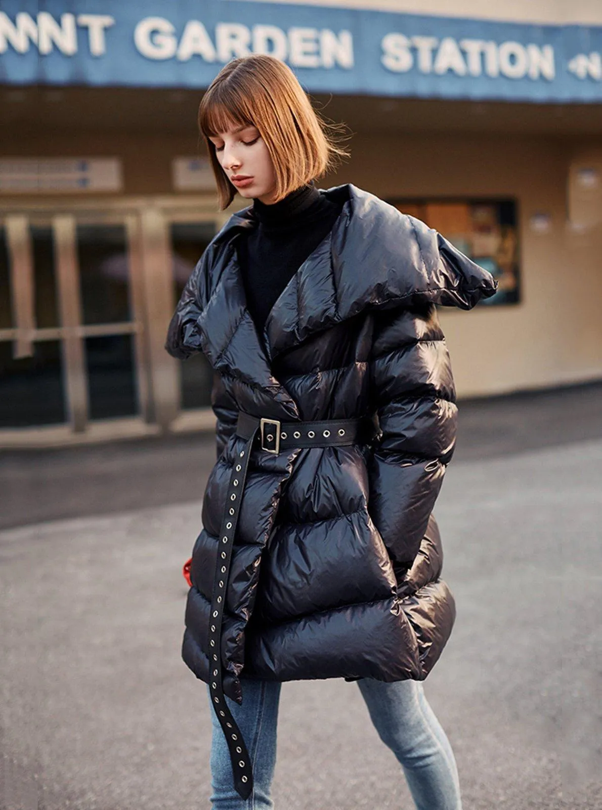 Black Belted Down Puffer Jacket