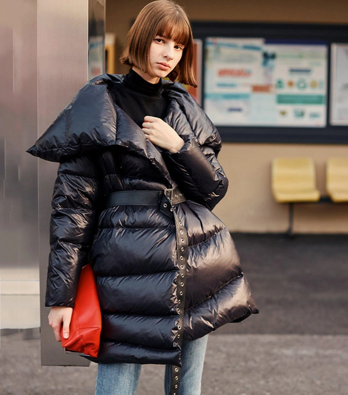 Black Belted Down Puffer Jacket