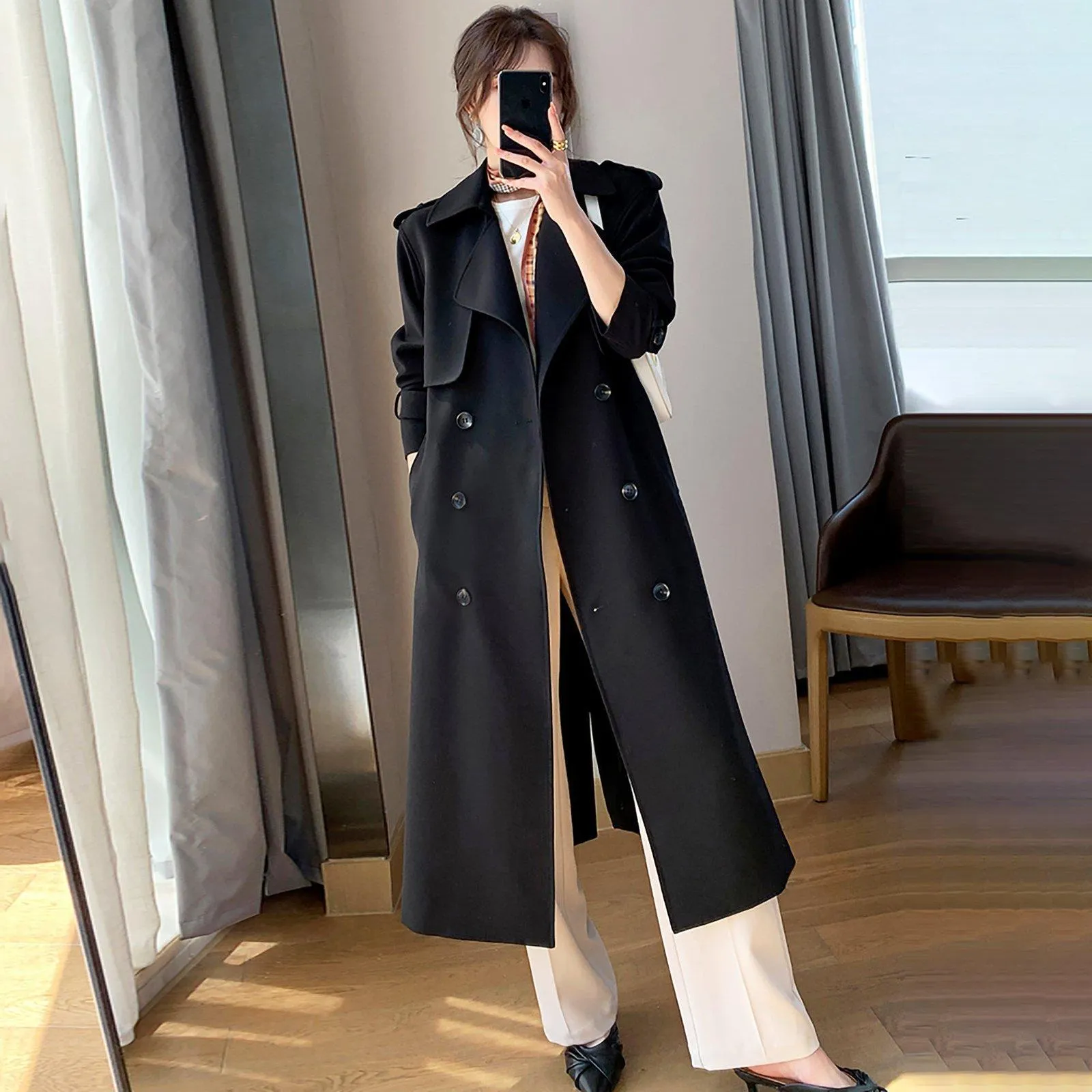 Black Double Breasted Epaulet Trench Coat