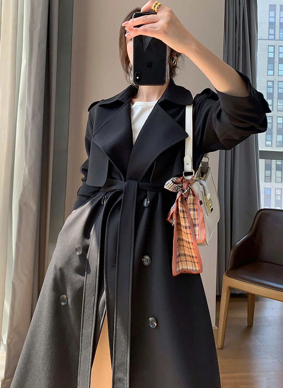 Black Double Breasted Epaulet Trench Coat