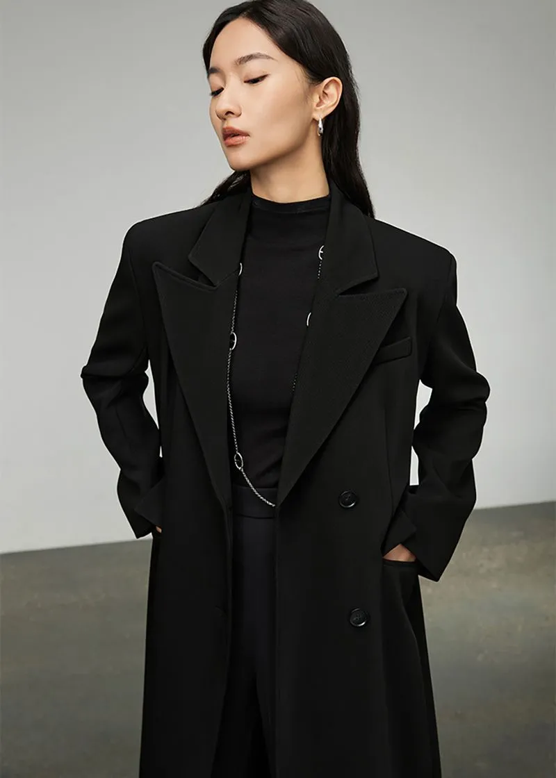 Black Double Breasted Long Trench Coat