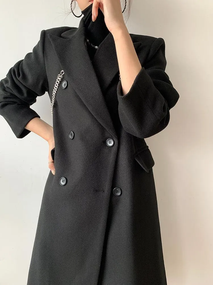 Black Link Double Breasted Chunky Long Wool Coat