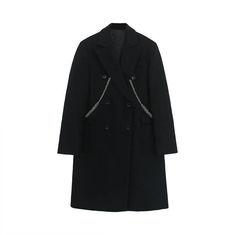 Black Link Double Breasted Chunky Long Wool Coat