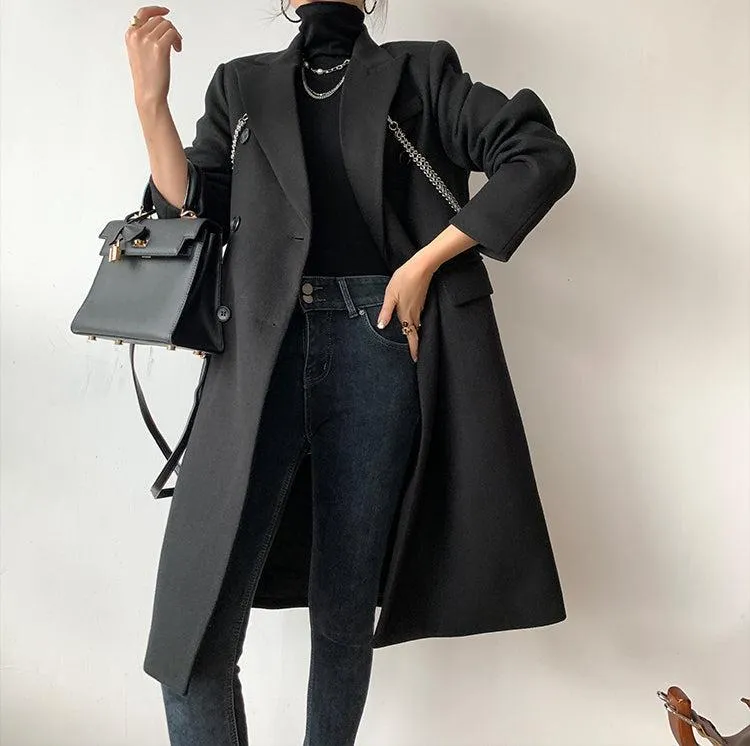 Black Link Double Breasted Chunky Long Wool Coat