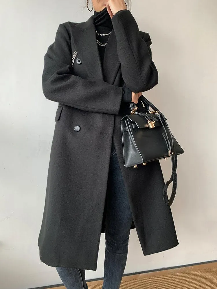 Black Link Double Breasted Chunky Long Wool Coat