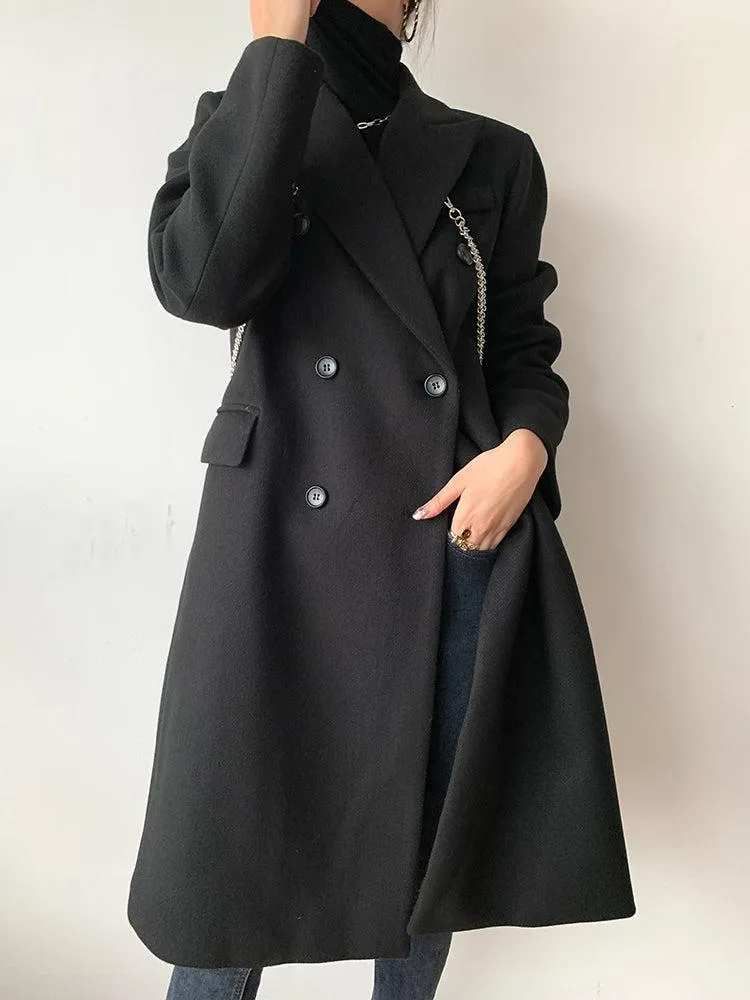 Black Link Double Breasted Chunky Long Wool Coat