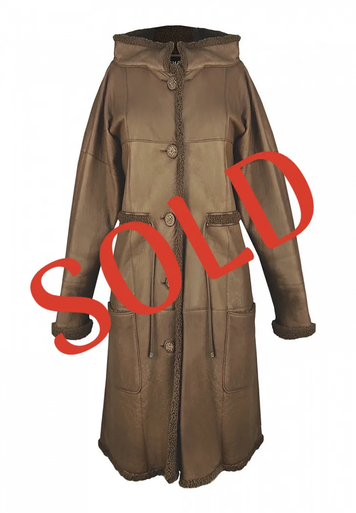 Chanel Brown Long Fall 2012 RTW Leather Shearling Coat Jacket FR 40 US 6