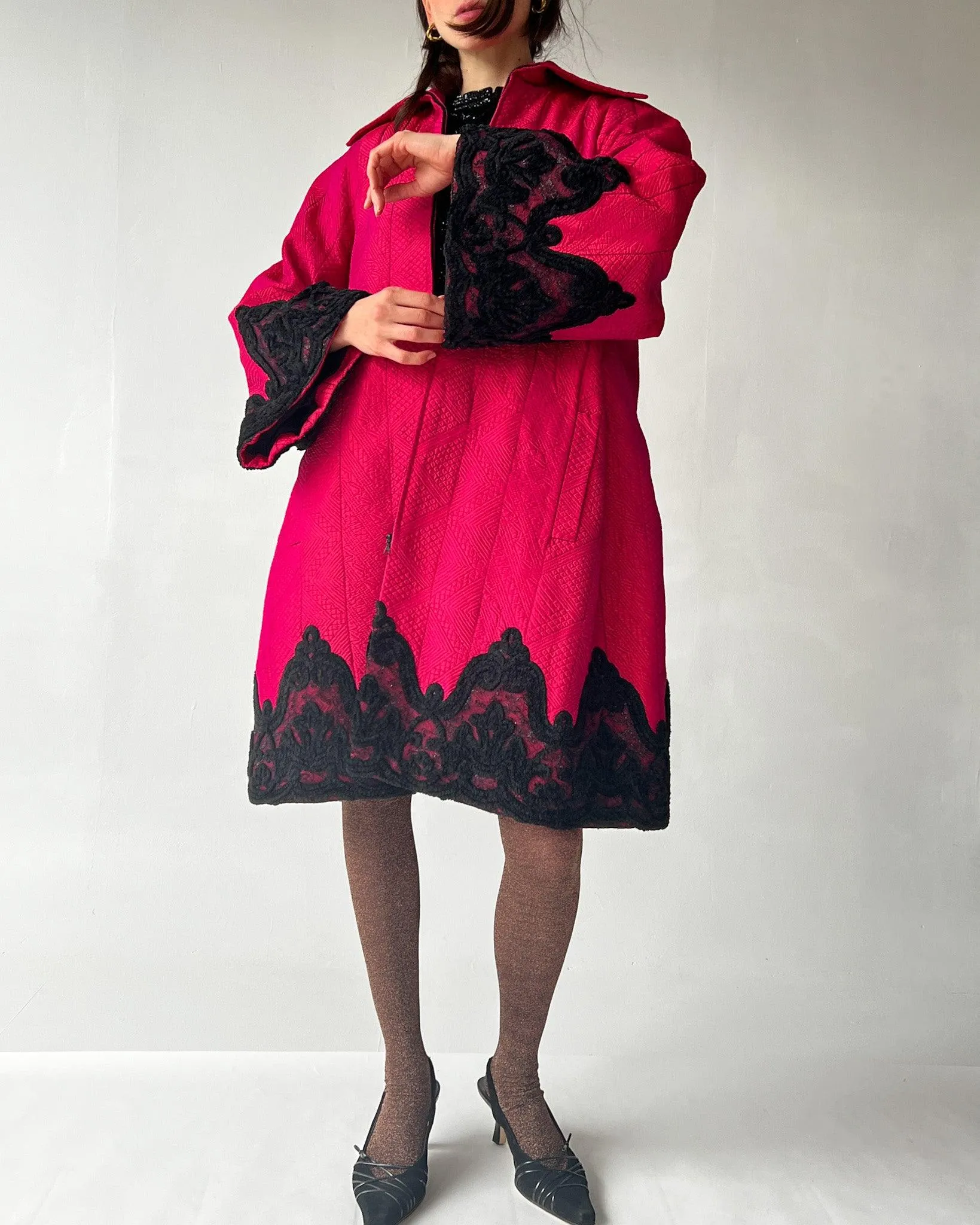 Christian Lacroix Quilted Pink Lace Coat (L)