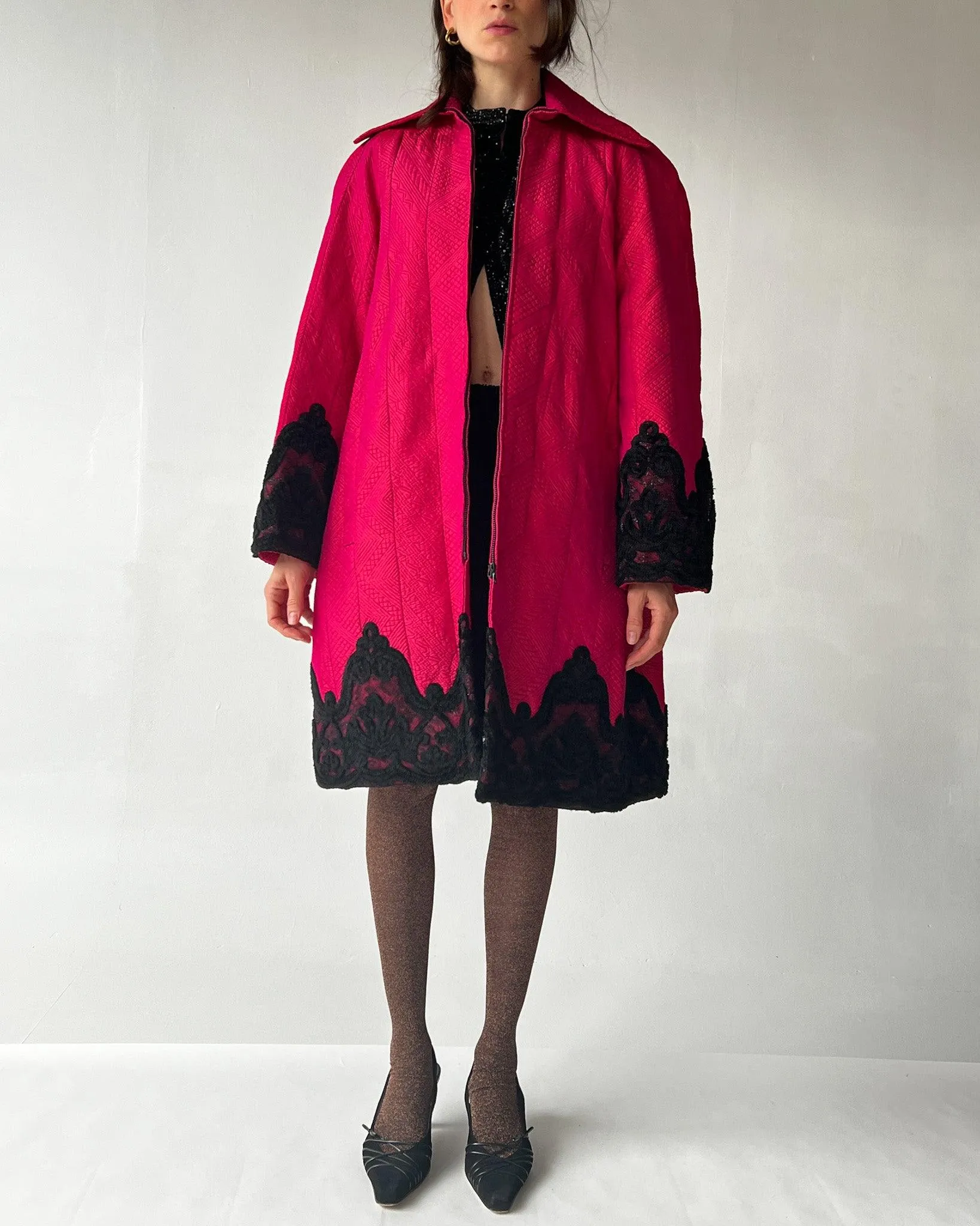 Christian Lacroix Quilted Pink Lace Coat (L)