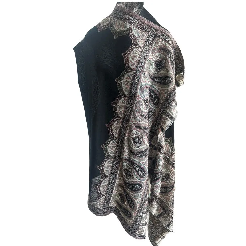 Deidaa Large Black Woollen Scarf with Paisley Border