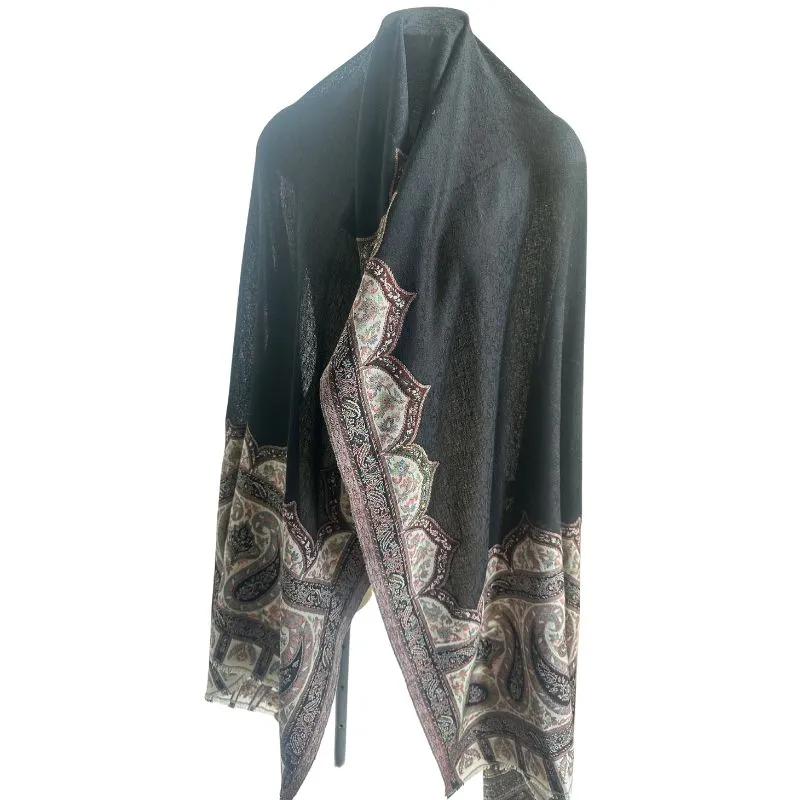 Deidaa Large Black Woollen Scarf with Paisley Border