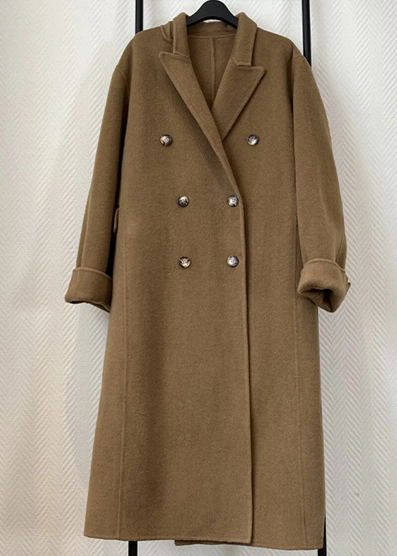 Double Breasted Notched Lapel Wool Long Coat