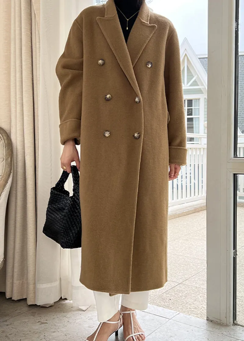 Double Breasted Notched Lapel Wool Long Coat