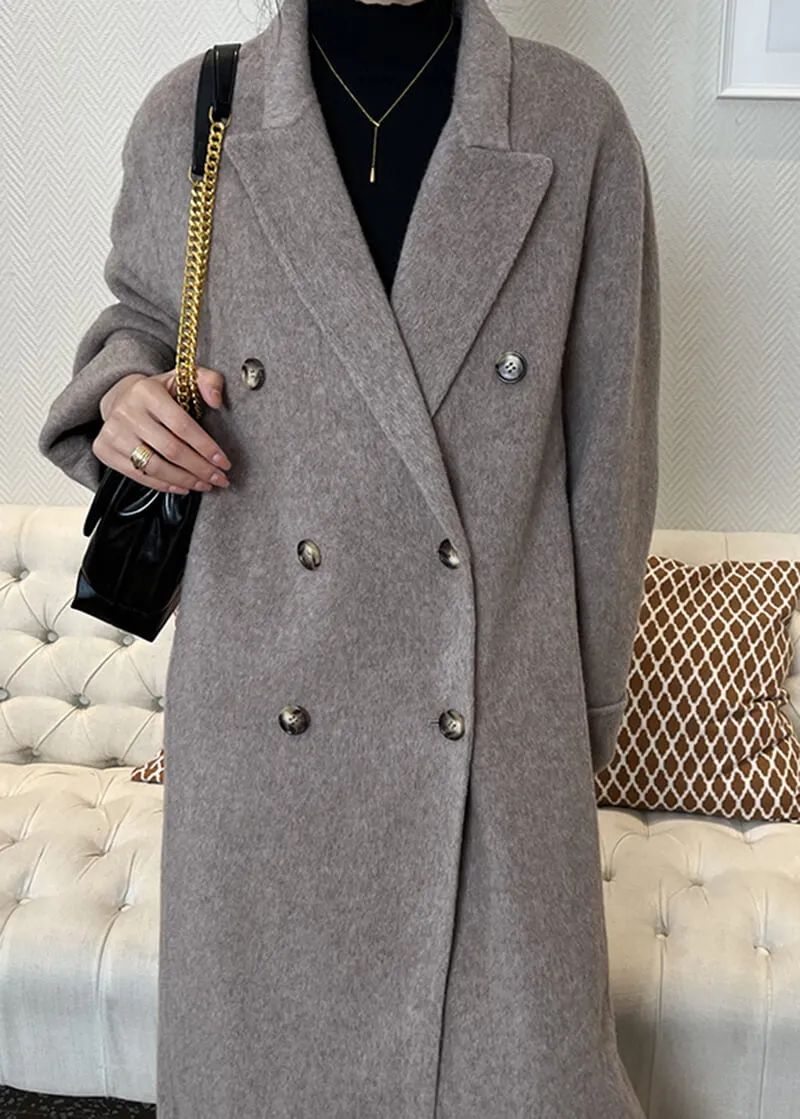 Double Breasted Notched Lapel Wool Long Coat