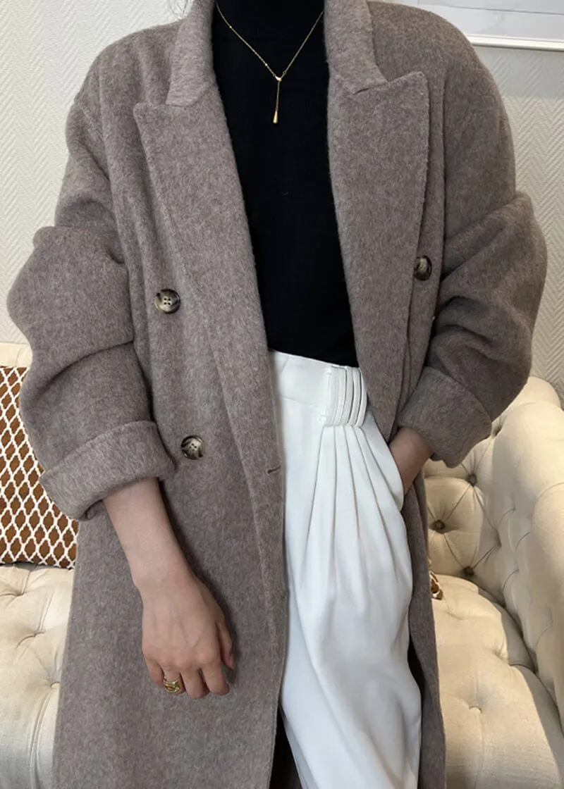 Double Breasted Notched Lapel Wool Long Coat