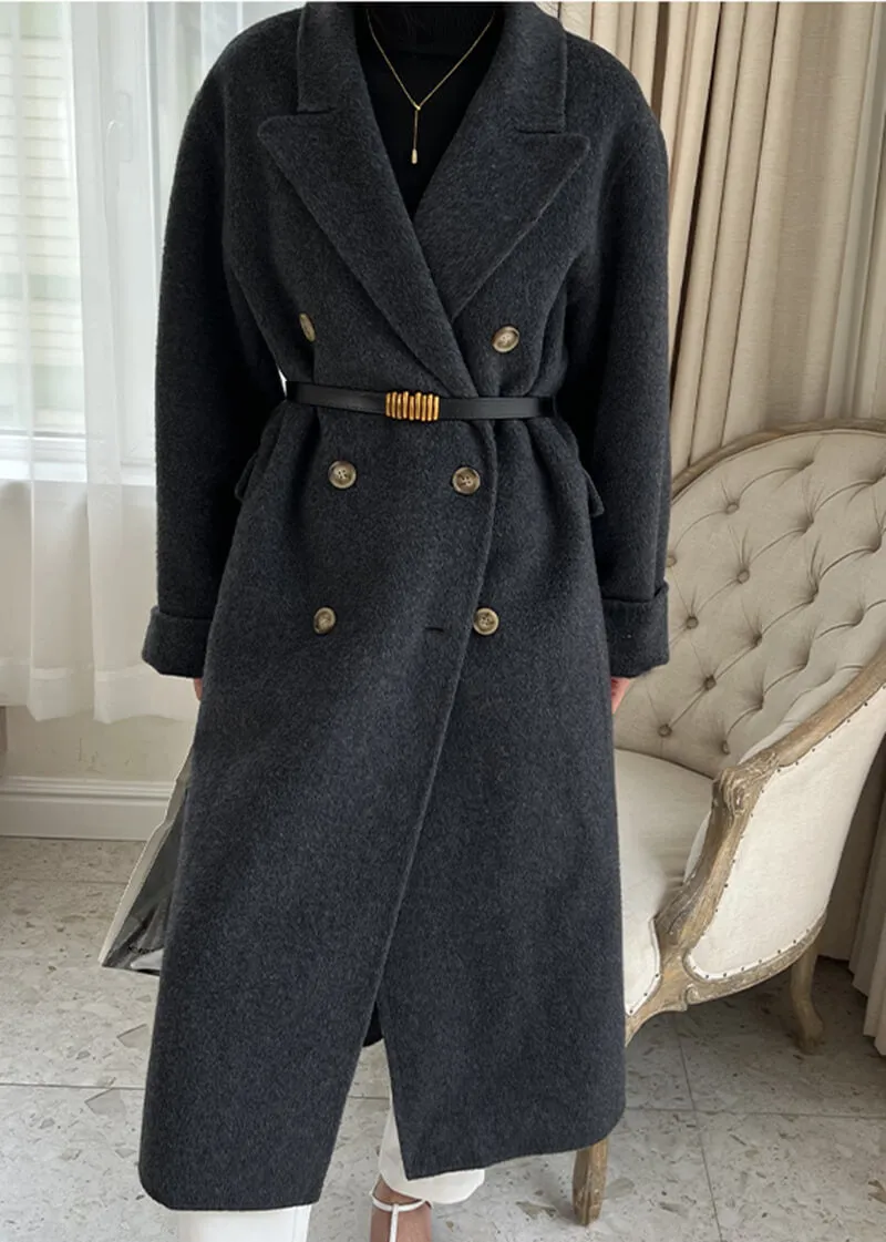 Double Breasted Notched Lapel Wool Long Coat