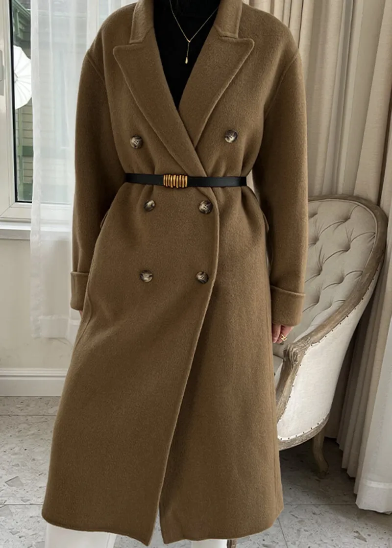 Double Breasted Notched Lapel Wool Long Coat