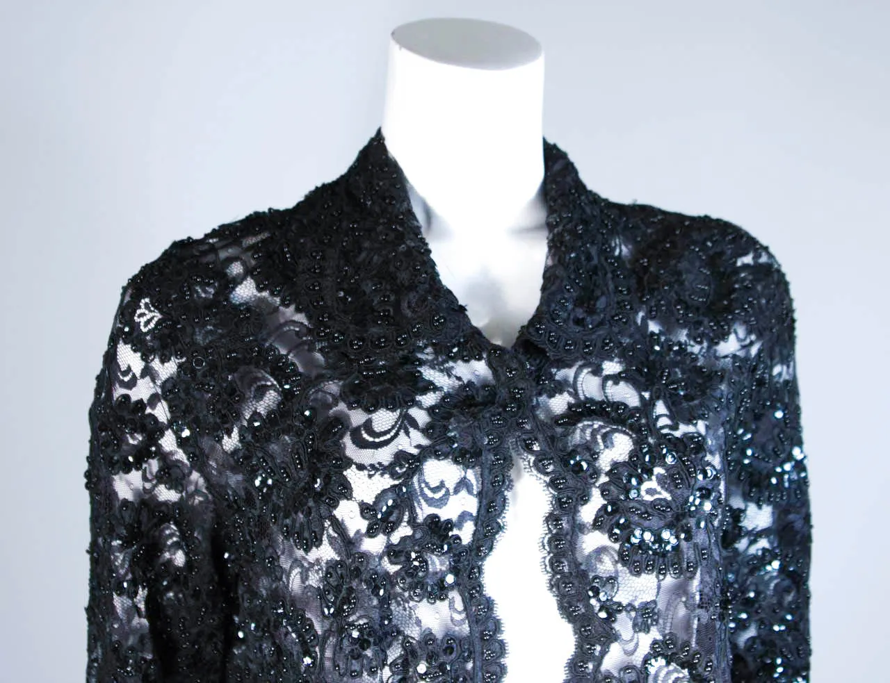 ELIZABETH MASON COUTURE Black Beaded Lace Evening Coat