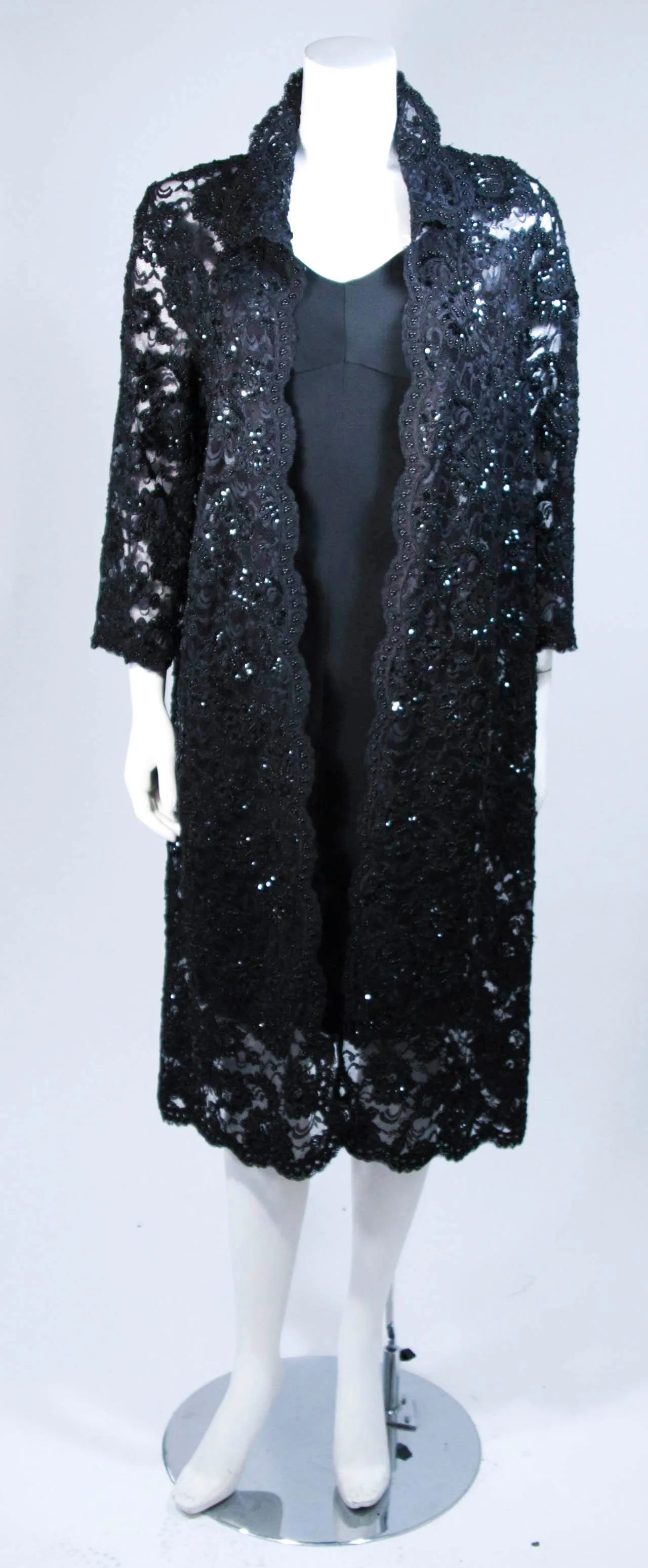 ELIZABETH MASON COUTURE Black Beaded Lace Evening Coat